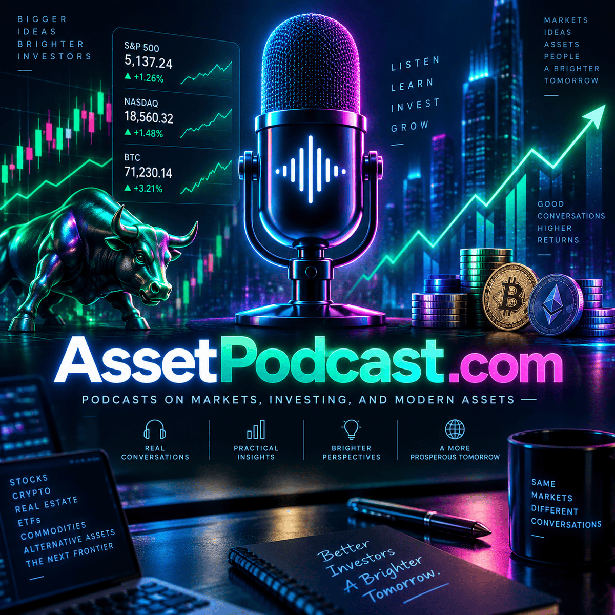 Investing Podcasts neon fintech concept artwork with a podcast microphone