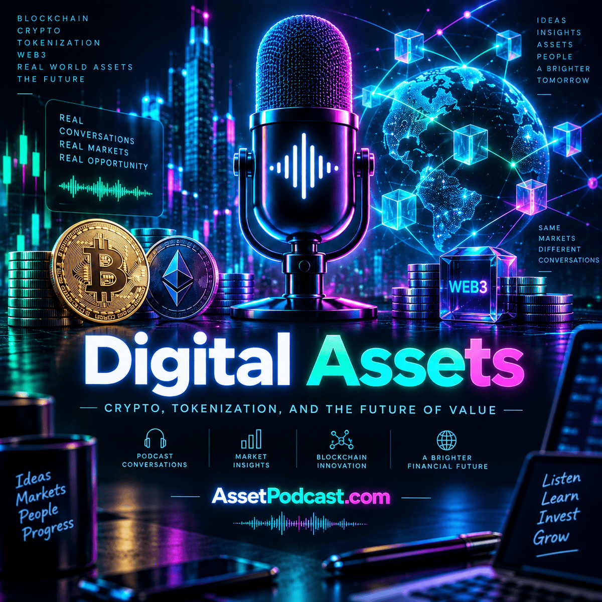 Digital Assets neon fintech concept artwork with a podcast microphone