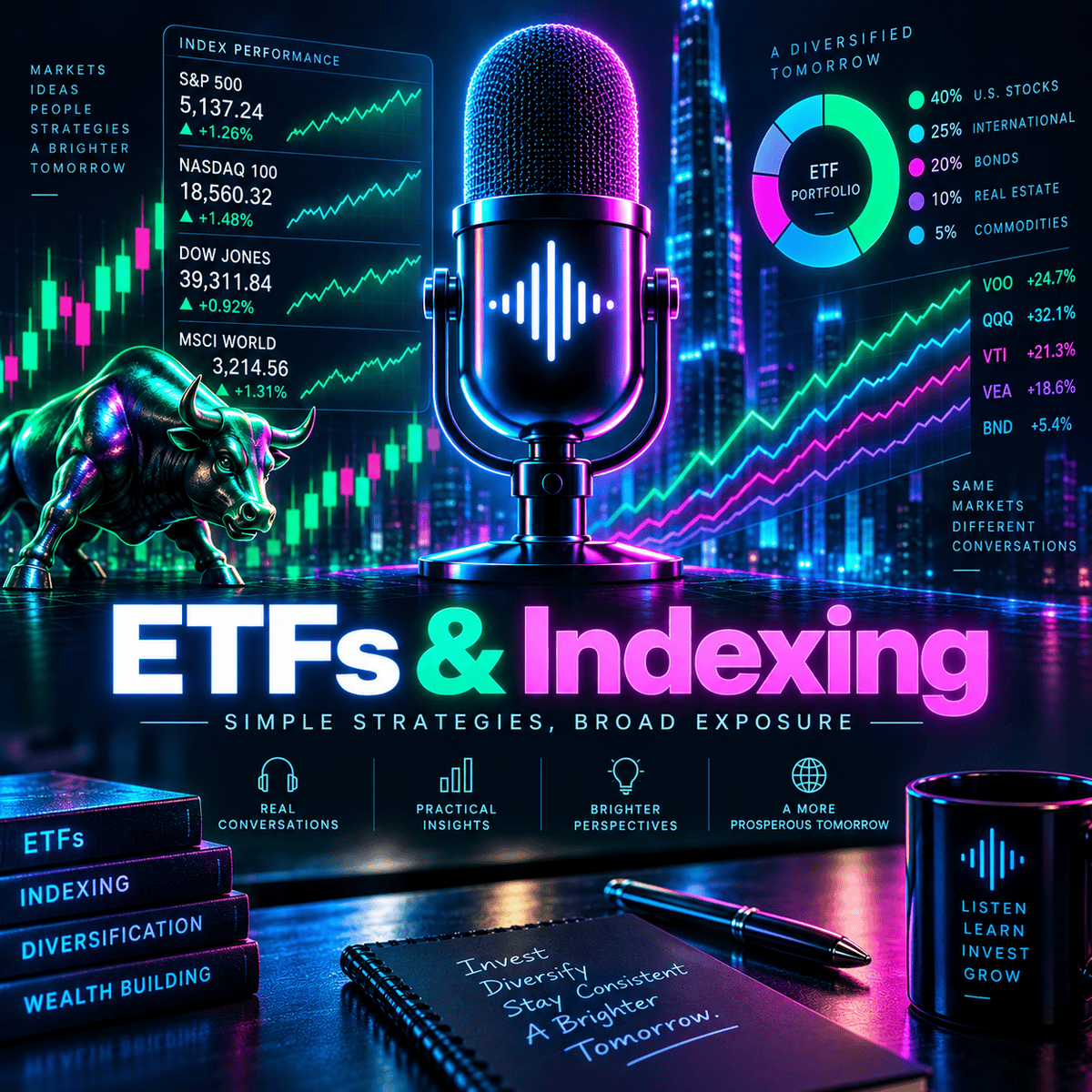 ETFs & Indexing neon fintech concept artwork with a podcast microphone