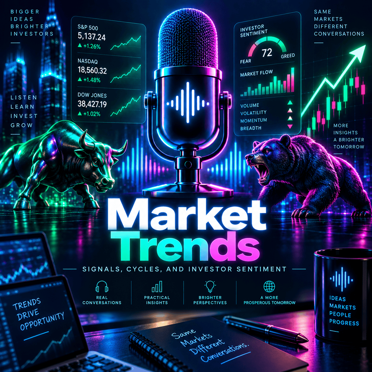 Market Trends neon fintech concept artwork with a podcast microphone