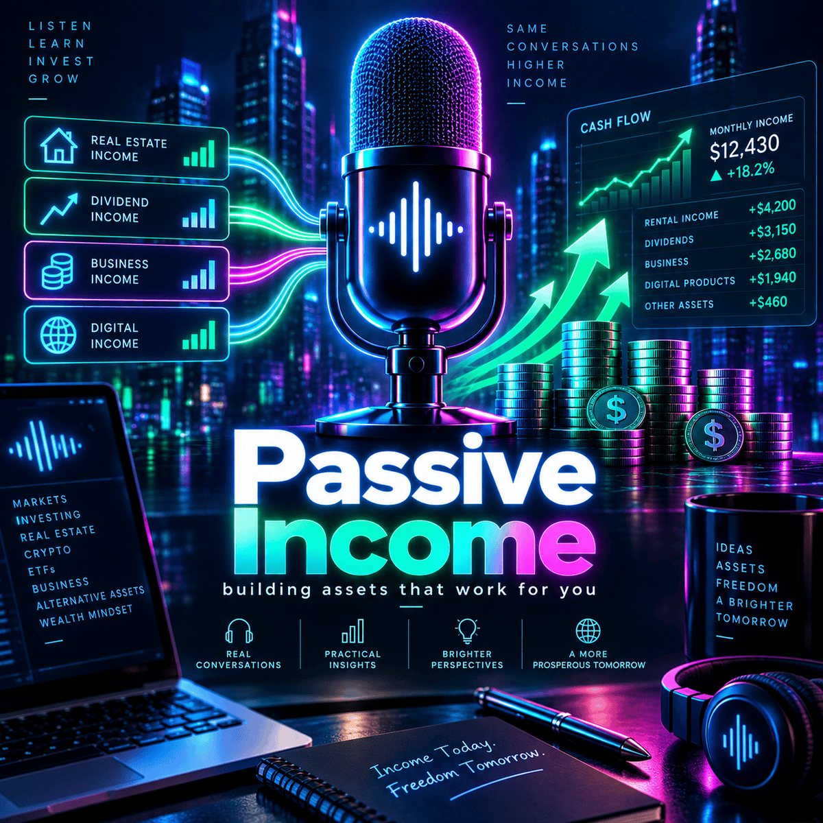 Passive Income neon fintech concept artwork with a podcast microphone