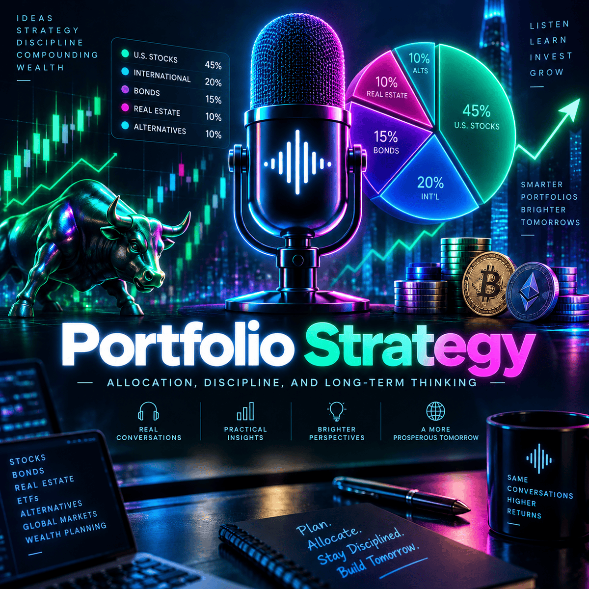 Portfolio Strategy neon fintech concept artwork with a podcast microphone
