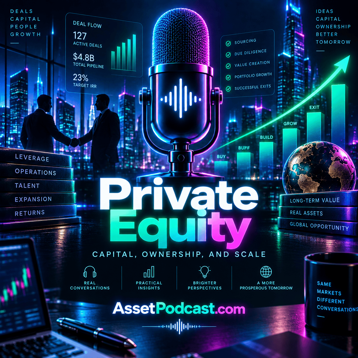 Private Equity neon fintech concept artwork with a podcast microphone