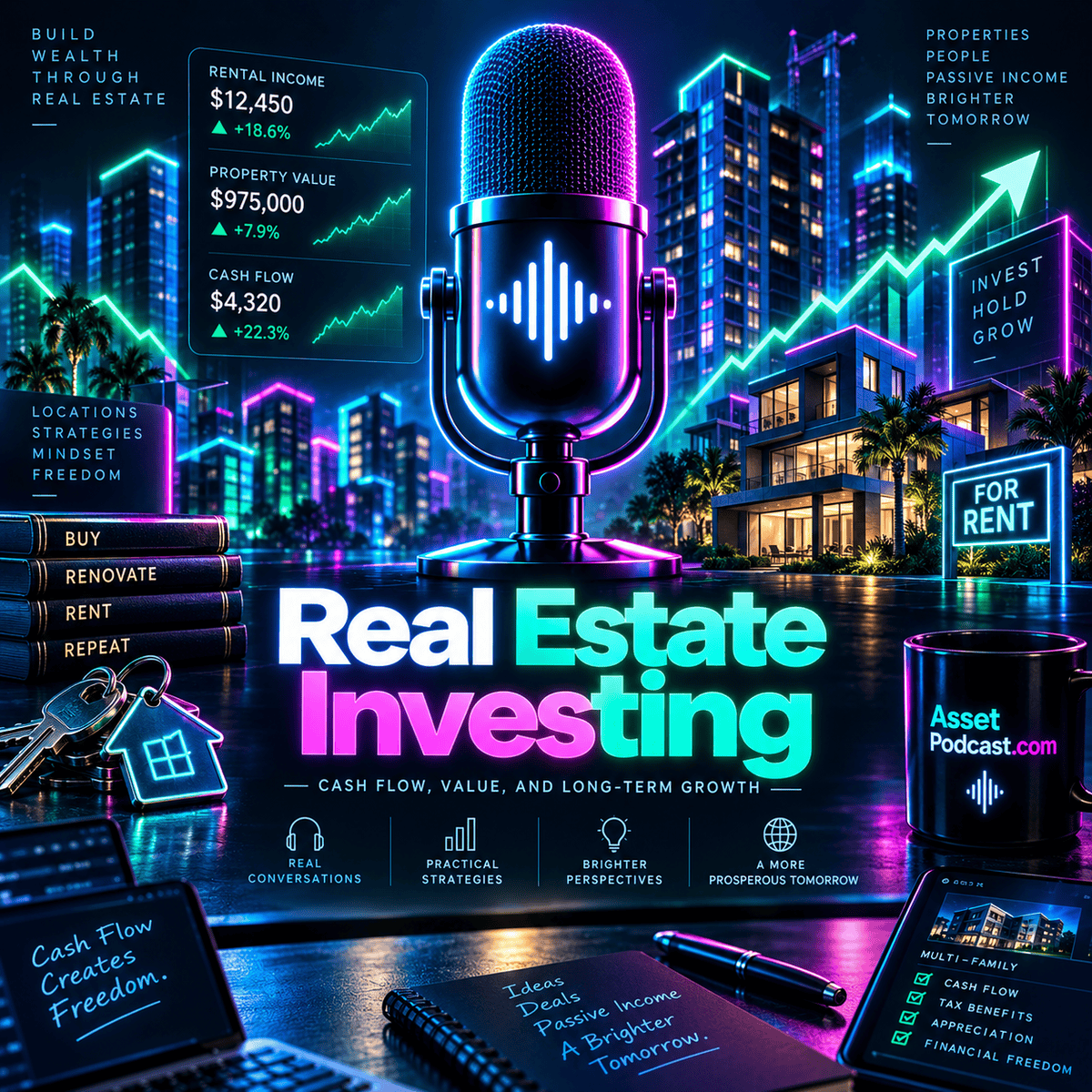Real Estate neon fintech concept artwork with a podcast microphone