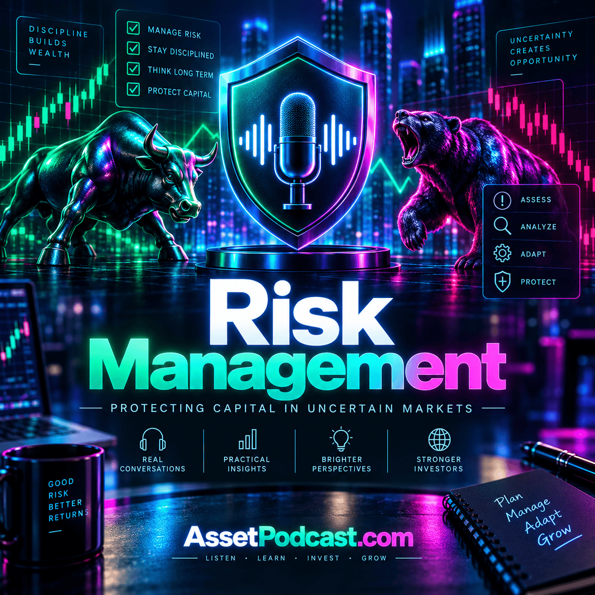Risk Management neon fintech concept artwork with a podcast microphone